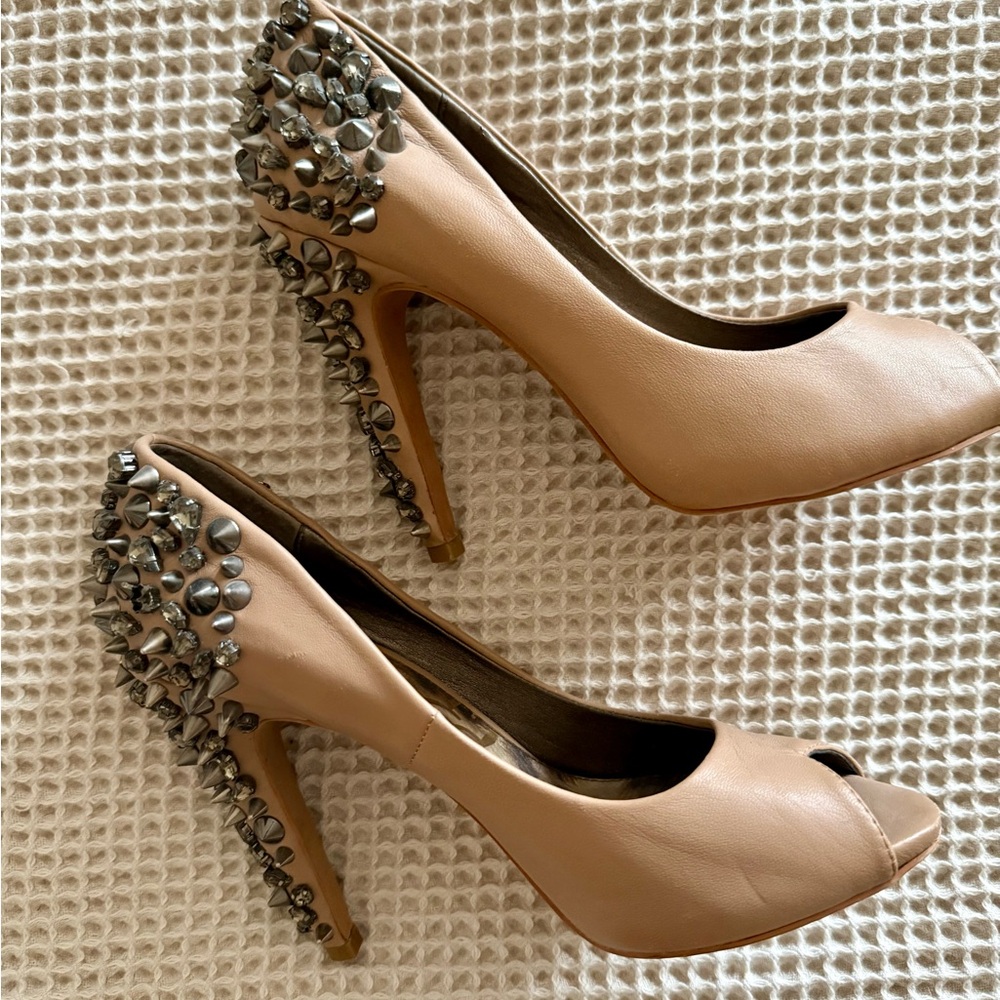 Sam Edelman Lorissa Studded Spike Rhinestone Tan Peep-Toe Heels